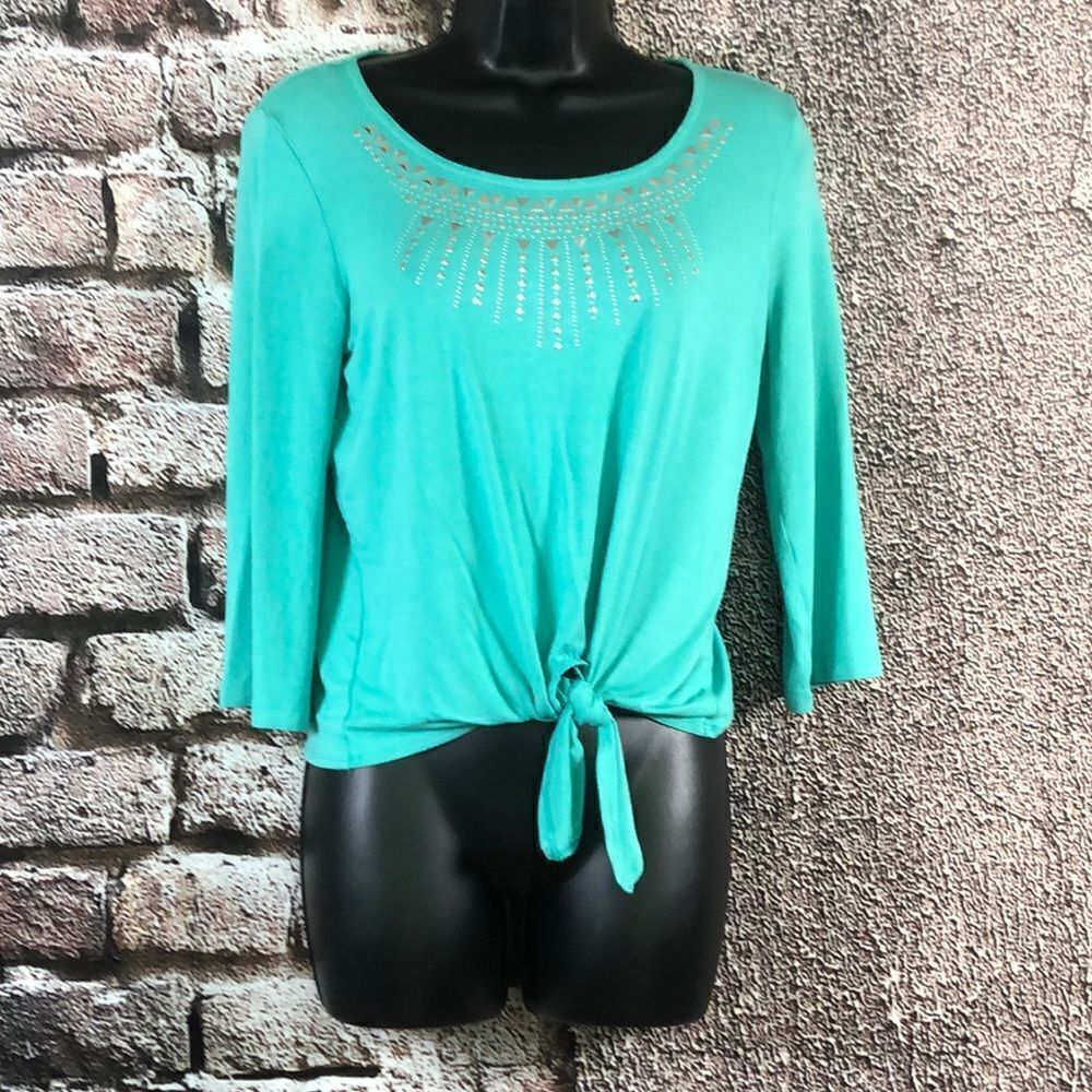 JM Collection Petite Blouse aqua Green Tie Front with Three Quarter Sleeves